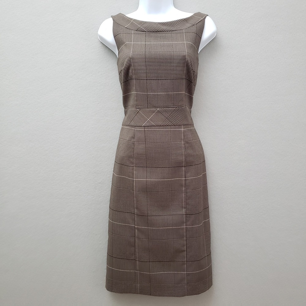 H&M 6 Sheath Dress Brown Glen Plaid Boat Neck Sleeveless Retro Academia Preppy